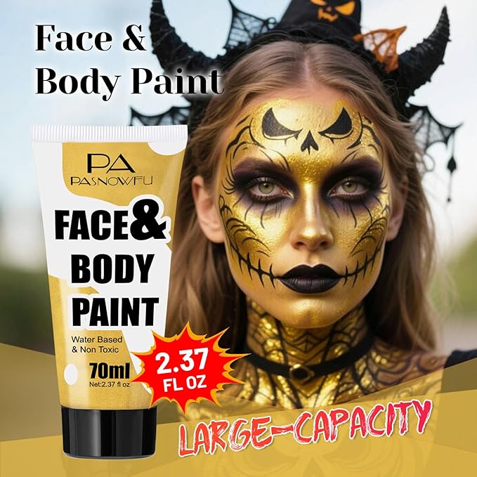 Gold Face Paint 70ml - Royal Gold Water-Based Body Paint for Creative SFX Makeup - Non-Toxic High-Pigment Face Body Paint for Adults Halloween SFX Cosplay Makeup, Theater, Stage shows