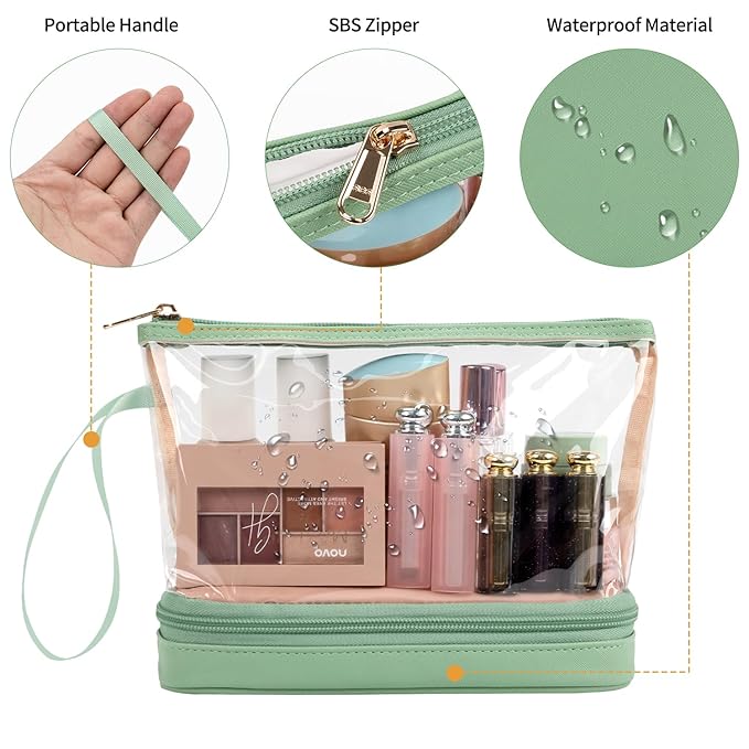 Ethereal Clear Makeup Bag, Green TSA Approved Toiletry Bag with Brushes Compartment Small Travel Make up Bags for Women