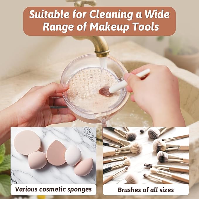 Makeup Brush Cleaner Bowl, 3 in 1 Makeup Brush Cleaner Mat and Dryer, Waterproof Makeup Brush and Sponge Cleaner with Lid (Khaki)