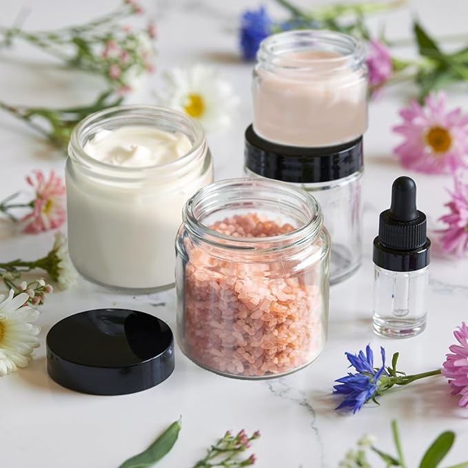 4 oz Clear Glass Jars with Lids - 32 Pack Leakproof Cosmetic Containers with Inner Liners, Wide-Round Smooth Mouth, Sealable for Creams, Lotions, Essential Oils, Body Butter, Travel Samples