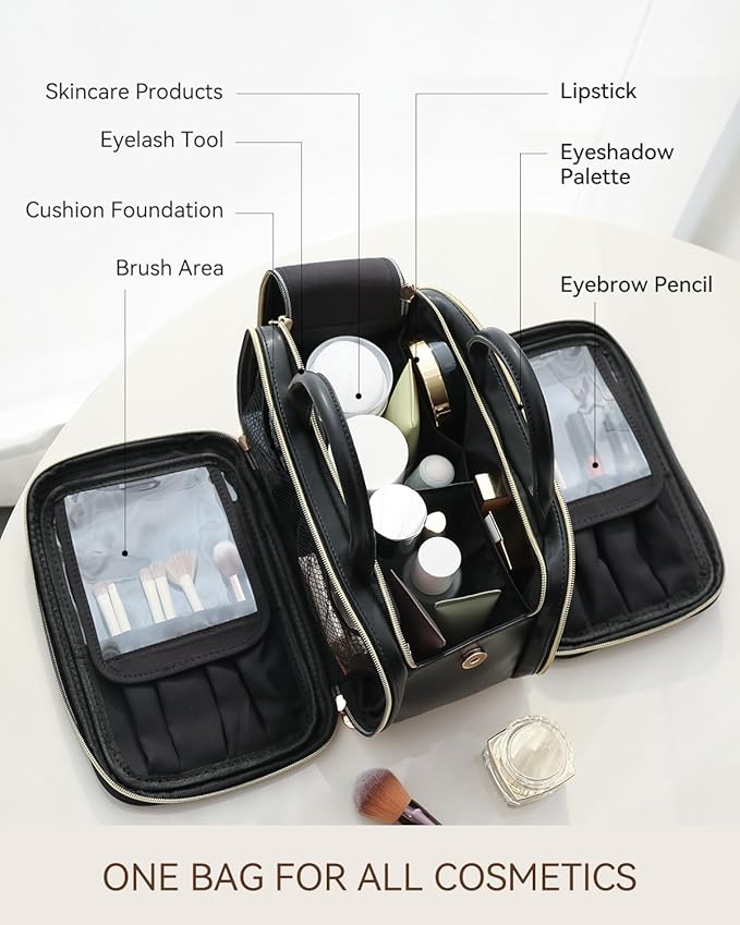 Prite Makeup Bag for Women, Large Capacity Waterproof Travel Cosmetic Organizer, Portable Open Flat Toiletry Bag with Free-standing Brush Holder and Handle(Black Medium)