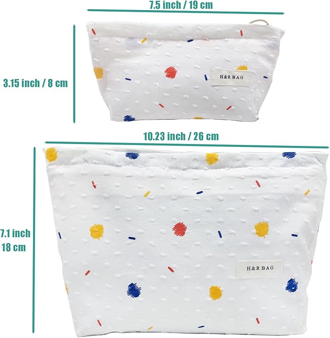 2 Pcs Makeup Bags, Large Cosmetic Bag Travel Toiletry Bag Organizer for Women, Embroidery Craft, Floral Makeup Bag Small Cosmetic Pouch Purse with Zipper, Gifts for Girls Teen (Colorful Dots)