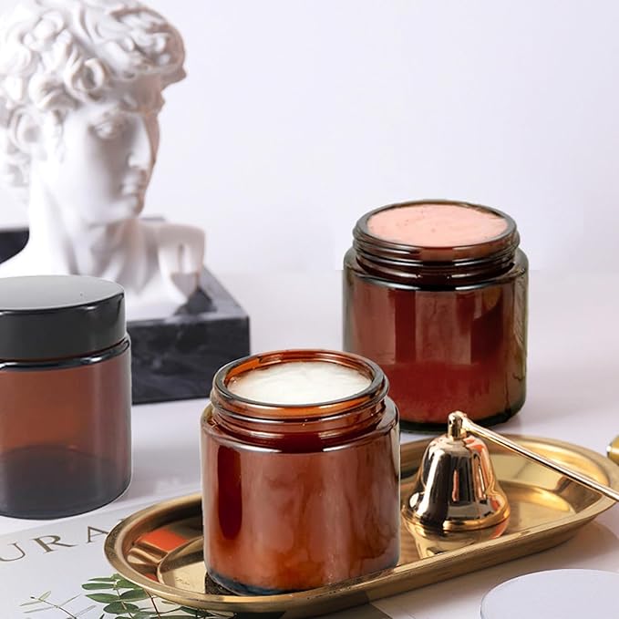12 Pack 4 oz Round Amber Glass Cosmetic Jars with Inner Liners, Black Lids, Spatula, Chalk Labels, Pen, Candle Holder, Refillable Containers for Makeup, Cream, Sugar Scrubs, Bath Salts