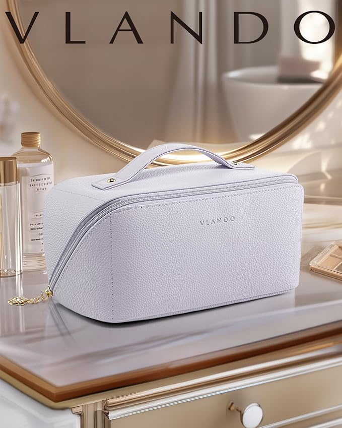 Vlando Makeup Bag,Large Capacity Toiletry Bag for Women Waterproof Portable Make up Pouch PU Leather Open Flat Cosmetic Bag(Purple)