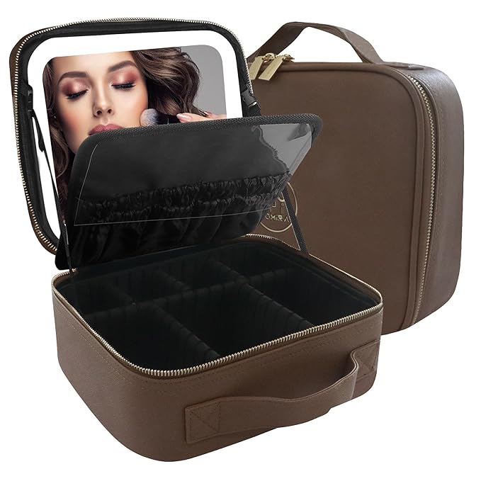 MOMIRA Travel Makeup Bag Cosmetic Bag Makeup Organizer Bag with Lighted Mirror, Adjustable Brightness in 3 Color Scenarios, Waterproof Makeup Train Case, Gift for Women - Brown