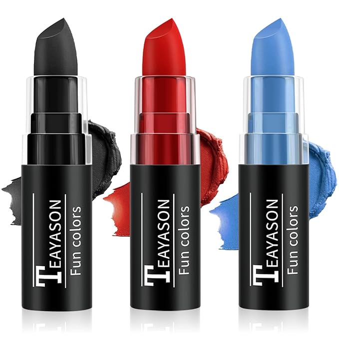 Red Blue Black Face Paint Halloween Makeup Kit, Matte Lipstick Set Football Baseball Eye Black Stick, Body Paint Face Makeup for Halloween Zombie Clown Vampire Joker