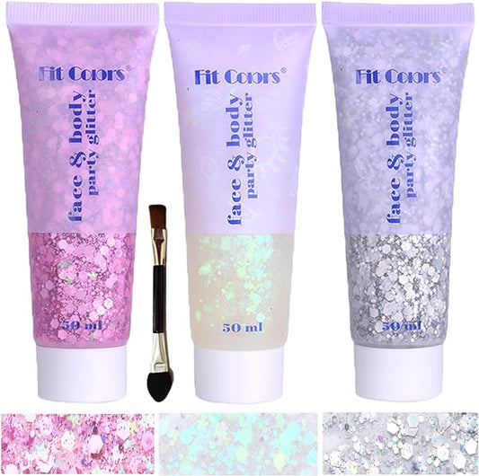 Body Glitter Face Glitter Gel: Singer Concerts Disco Festival Rave Accessories Face Glitter Makeup 150ml Chunky Sequins Mermaid Face Body Hair Glitter Gel (White&Silver&Pink)