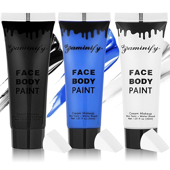 Black White Blue Face Body Paint 1.01/pc with 3 Sponges,Water Based Royal Blue Face Paint Kit for Avatar Corpse Bride Cosplay Sally and Jack Makeup,Halloween SFX Makeup Cream Face Painting