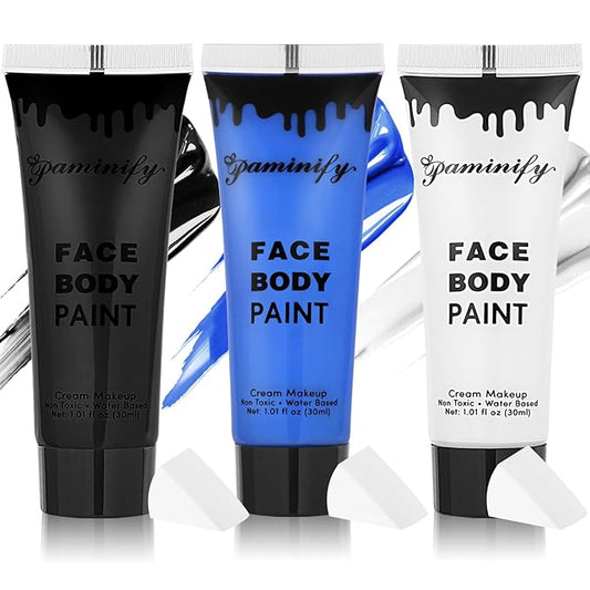Black White Blue Face Body Paint 1.01/pc with 3 Sponges,Water Based Royal Blue Face Paint Kit for Avatar Corpse Bride Cosplay Sally and Jack Makeup,Halloween SFX Makeup Cream Face Painting