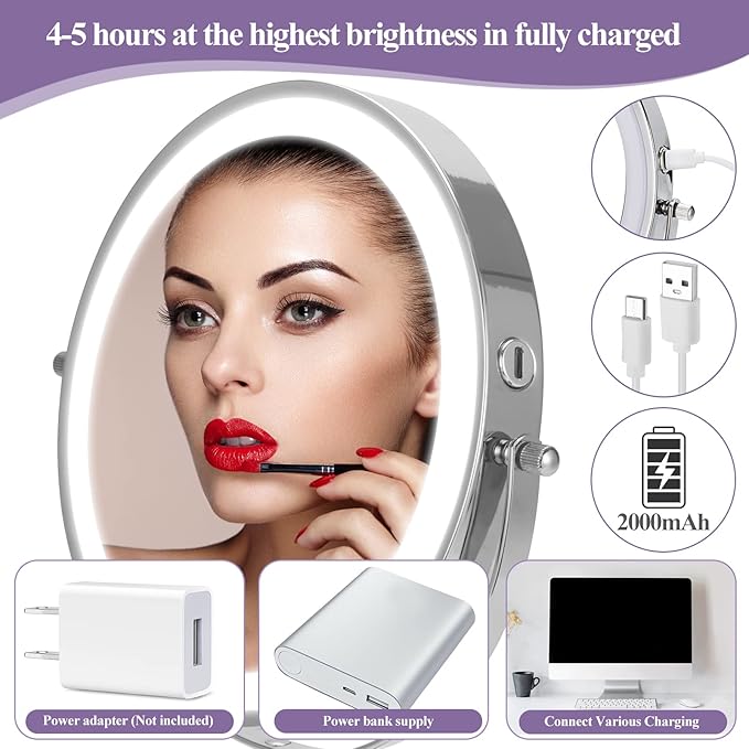 8" Makeup Mirror with Lights, 1X/10X Lighted Vanity Mirror with Magnification, 3 Color Adjustable Brightness, 360° Rotating Dual-Side, USB Rechargeable Cordless Design for Vanity & Tabletop