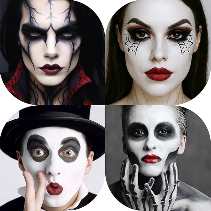 BOBISUKA Black White Face Body Paint, Water Based Face Painting Kit Body Paints with Brushes, Kids Adults Facepaint for Halloween Party Clown Joker Goth Skull SFX Makeup Costume Cosplay Stage Dress-Up