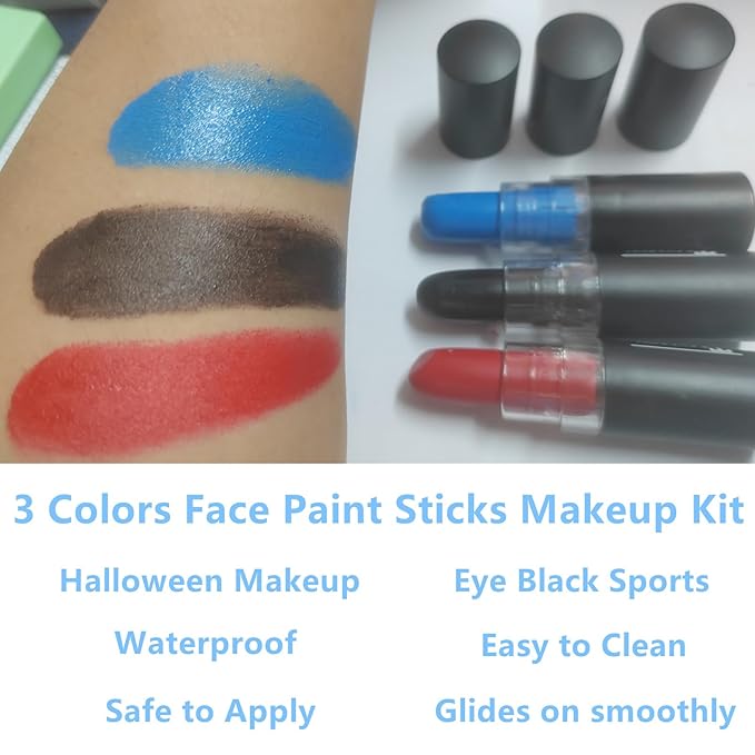 Go Ho 3 PCS Red Black and Blue Cream-Blendable Stick - 3 Colors Eye Black Face Paint for Softball/Baseball,Safe Facepaint Nose&Lip Smacking for Halloween SFX Makeup