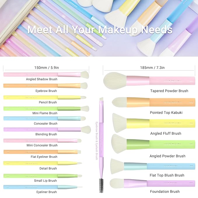 Makeup Brushes, 18Pcs Makeup Brush Set with 2 Sponges & Travel Bag, Colorful Make Up Brushes for Foundation Powder Blush Blending Eyeshadow, Soft Synthetic Fiber, Rubber Handle, Face & Eye Brush Kit