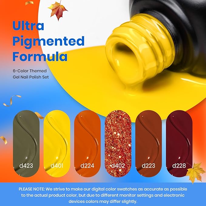 Beetles Fall Gel Nail Polish Set 6Pcs Brown Green Yellow Burgundy Orange Glitter Gel Polish Nails Art Soak off Uv LED Manicure Gift Set Golden Season Collection 2025 Nail Trend Gift for Women