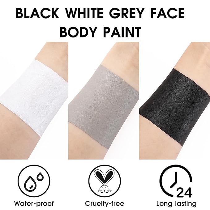 BAD COLOR 3PCS Black White Grey Face Body Paint Stick Makeup for Skull Skeleton Goth Mime SFX Cosplay & Dress Up, Full-Coverage Halloween Facepaint Makeup Kit