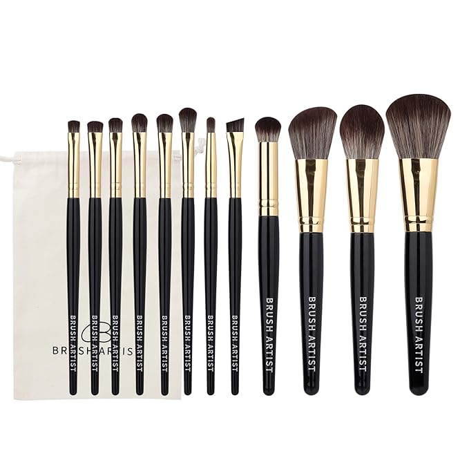 BRUSH ARTIST Black Golden Makeup Brush Set of 12PCs with Cotton Bag, Foundation Sponge, Face Powder Brush, Contour Brush, Blush Brush, Eyeshadow Brushes, Concealer Brush,Premium Synthetic fiber