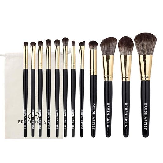 BRUSH ARTIST Black Golden Makeup Brush Set of 12PCs with Cotton Bag, Foundation Sponge, Face Powder Brush, Contour Brush, Blush Brush, Eyeshadow Brushes, Concealer Brush,Premium Synthetic fiber
