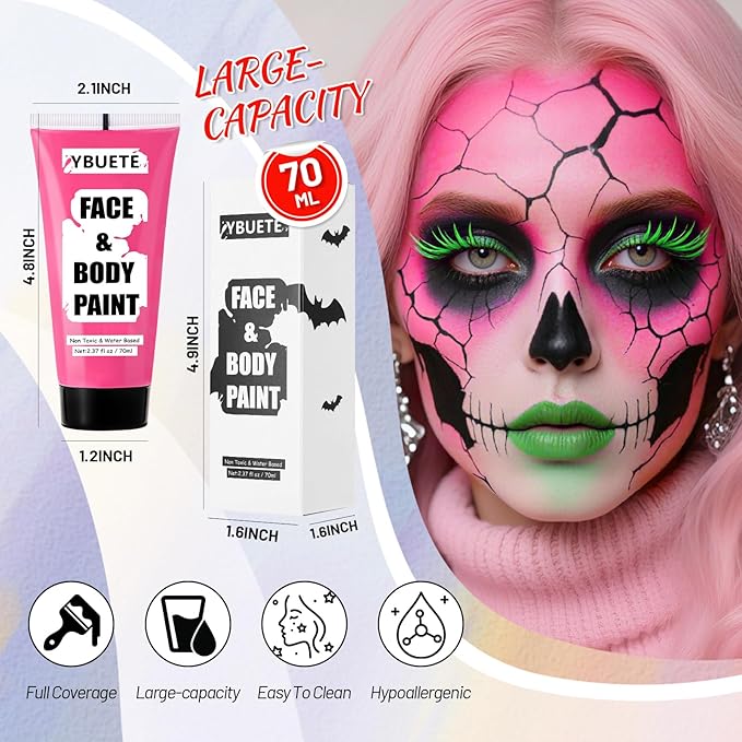 Pink Water Based Face Body Paint, 2.37 OZ Large Tube Full Coverage Face Paint for Skull Clown Cosplay, Washable Pink Body Painting Cream for Adult Carnival Party Halloween SFX Makeup