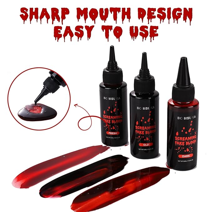 BOBISUKA Halloween Fake Blood, Fresh Fake Blood 1.76oz, Realistic Washable Liquid Dripping Fake Blood Makeup Kit for Halloween, SFX Makeup, Cosplay Party, Stage, Horror Film