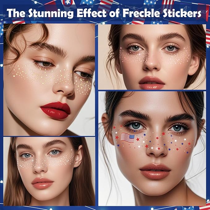 Yosca Independence Day Face Freckles Tattoo, 6Pcs Red White Blue 4th of July Temporary Tattoos for Patriotic Makeup, Waterproof Makeup Patches Fake Freckles for Memorial Day Veterans Day Flag Party