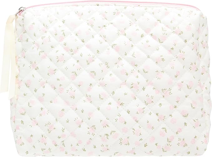 Quilted Makeup Bag Large Travel Zipper Soft Cosmetic Pouch for Women Girls Make Up,Little Flower Pink