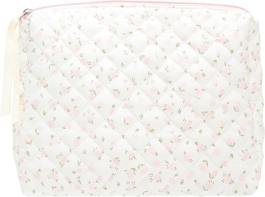Quilted Makeup Bag Large Travel Zipper Soft Cosmetic Pouch for Women Girls Make Up,Little Flower Pink