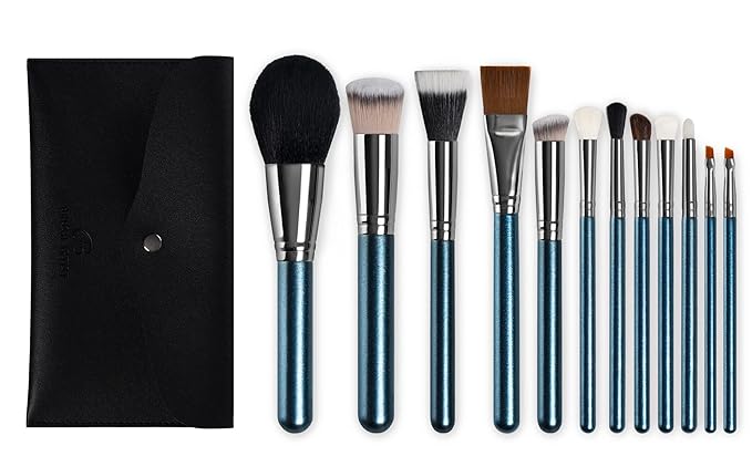 12Pcs Premium Synthetic Soft Dense Fiber Makeup Brush Set with Case - Face, Blush, Contour, Eyeshadow Brushes - Black