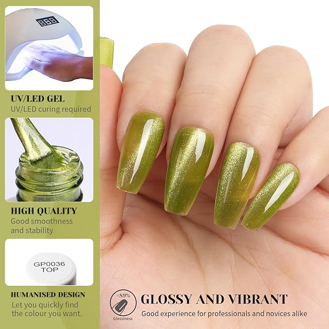 Lime Green Cat Eye Gel Nail Polish, 0.51 Fl Oz Crystal Glitter Holographic Cateye Magnetic Gel Polish for Manicure Salon or Nail Art Starter,Yellow Green Summer Fall Color Gel - GP0081