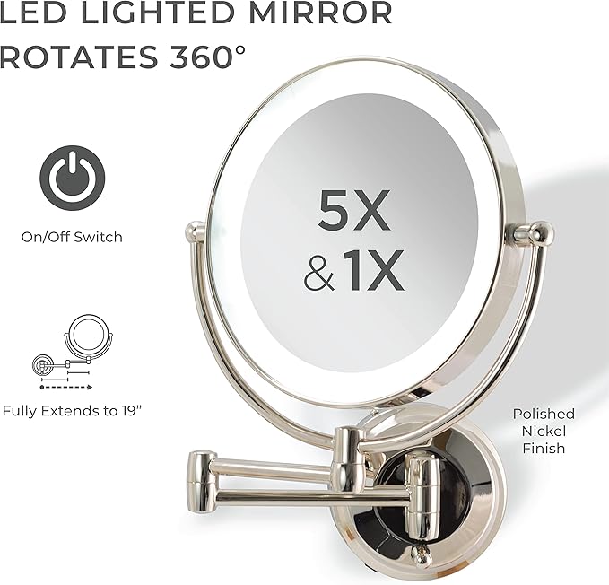 Zadro 11" LED Wall Mounted Makeup Mirror 5X/1X Shaving Mirror Plug in or Battery Operated Vanity Mirrors for Wall (Large | 5X/1X | 11" x 14.5", Polished Nickel)