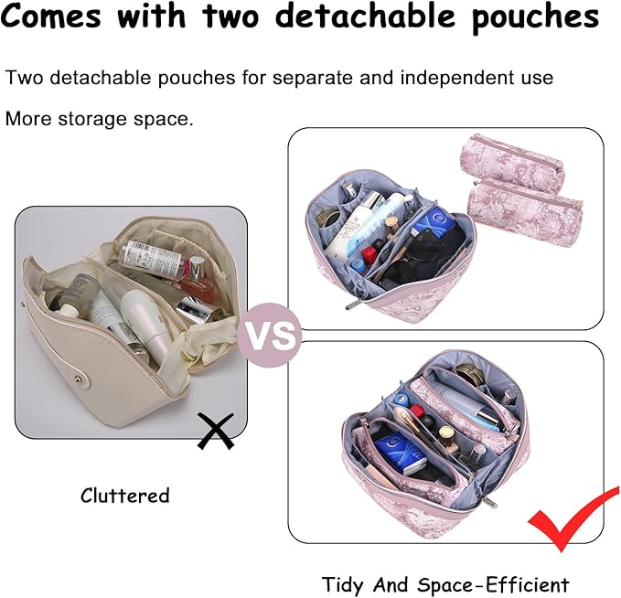 BOYATU Travel Makeup Bag for Women: Large Capacity Make up Bag with Compartments - Vegan Leather Cosmetic Bag set of 3 - Waterproof Toiletry Bag with Handle & Divider(D-01Purple)