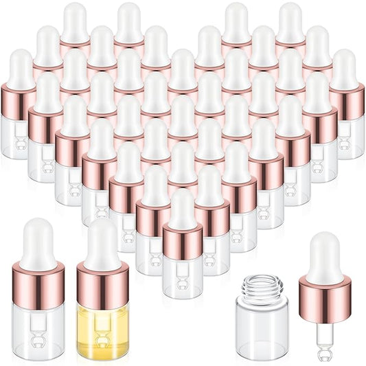 200 Pcs Mini Glass Oil Dropper Bottle Bulk, Clear Essential Small Empty Bottles Sample Containers Perfume Liquid Vials with Cap for Traveling (2 ml,Rose Gold)
