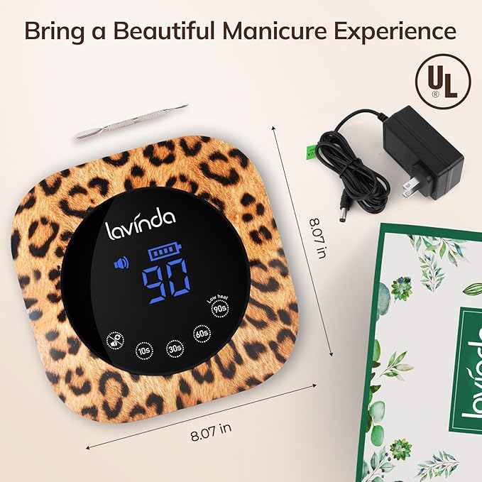 Lavinda LED Nail Lamp UV Light for Gel Nails 54W Cordless Rechargeable UV Lamp Nail Light with 4 Timer, 2X Faster Professional Gel Polish Curing Nail Dryer for Salon Use-Leopard Print