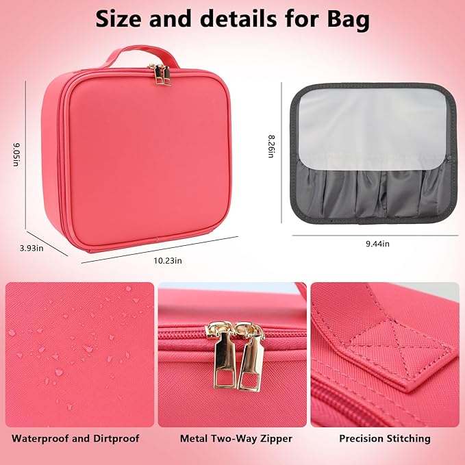 Travel Makeup Bag with LED Mirror Travel Makeup Organizer with 3 Lighted Settings, Adjustable Dividers and Makeup Brush Storage Bag Light Red