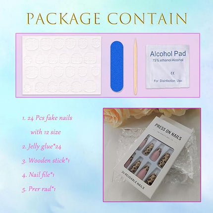 Press on Nails Medium Almond Fake Nails Bling Leopard French Tip Glue on Nails Glossy Gold Glitter Acrylic Nails Press ons Stiletto Artificial Stick on Nails for Women 24 Pcs