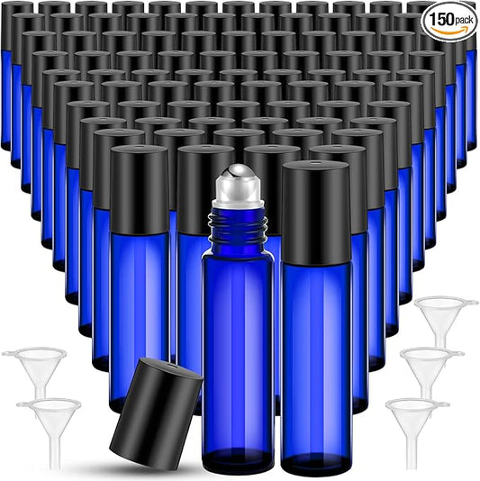 Sumind 150 Pcs Essential Oil Roller Bottles 10 ml Glass Empty Roll on Bottles with Stainless Steel Balls Leak Proof with 5 Funnel for Travel Essential Oil(Blue)