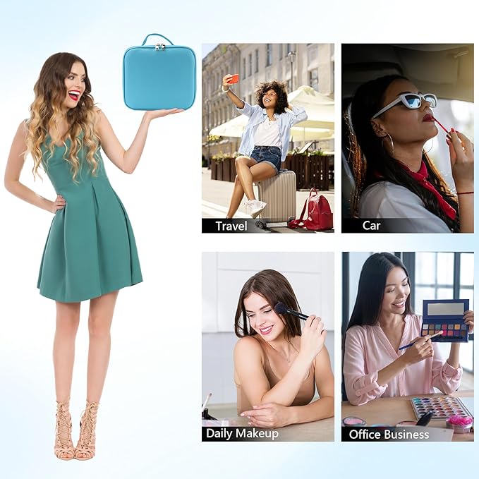 Travel Makeup Bag with LED Mirror Travel Makeup Organizer with 3 Lighted Settings, Adjustable Dividers and Makeup Brush Storage Bag Blue