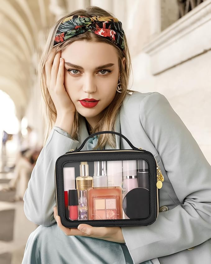 Clear Makeup Bag, Portable Travel Cosmetic Bags, Multipurpose Leather Toiletry Bag with Zipper, Waterproof Transparent Cosmetic Organizer for Women, Medium, Black