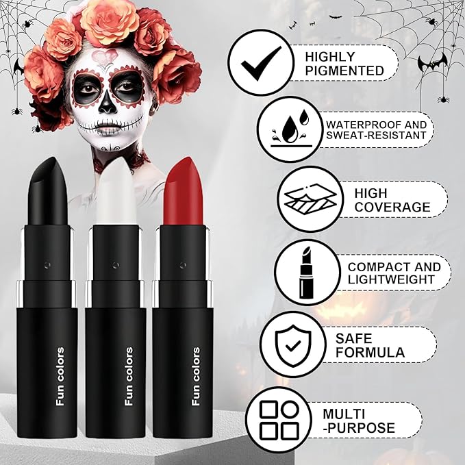 Black And Red Face Paint, Clown Make Up,Halloween Clown Black White Red Face Body Paint Stick Cream for Skeleton Vampire Skull Cosplay Special Effects Costume Sfx Halloween Makeup Kit