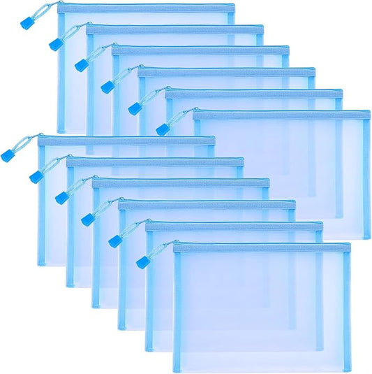 12 Pieces Zipper Nylon Mesh Pouch, Mesh Cosmetic Bags Makeup Bags Pencil Case, Multipurpose Travel Bags for Cosmetic School Office Supplies and Travel Accessories (Sky Blue, A5)