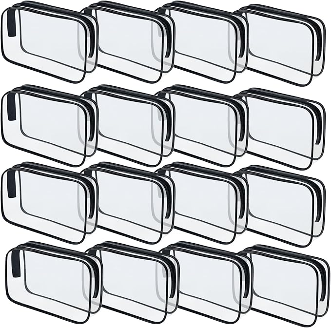 16 Pieces Clear Makeup Bags Bulk, TSA Approved Toiletry Bag for Travel, PVC Waterproof Travel Pouches Clear Pouch with Zipper for Men and Women Carry-on Travel Essentials Cosmetic Bags (Black-M)
