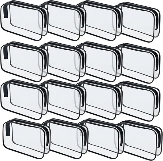 16 Pieces Clear Makeup Bags Bulk, TSA Approved Toiletry Bag for Travel, PVC Waterproof Travel Pouches Clear Pouch with Zipper for Men and Women Carry-on Travel Essentials Cosmetic Bags (Black-M)
