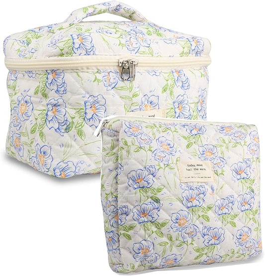 VIWIME Makeup Cosmetic Bag, Large Cotton Quilted Travel Coquette Aesthetic Cute Floral Make up Bag for Women Toiletry Bag Organizer(Green Leaf/2Pcs)