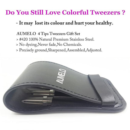 Tweezers Set 4-Piece Professional Stainless Steel Tweezers Gift with Travel Case by Aumelo - Best Precision Eyebrow and Splinter Ingrown Hair Removal Tweezer Tip,No Colored & Chemical Free