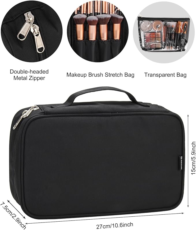 Relavel Extra Large Makeup Case with Makeup Brush Bag, Travel Makeup Train Case Professional Makeup Artist Bag Portable Nail Organizer Box Art Supply Case (Black with Makeup Brush Bag)