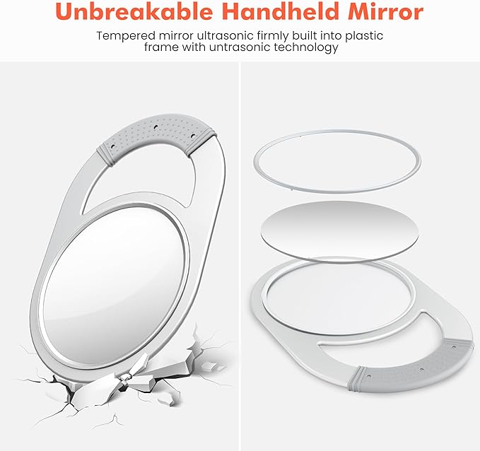TASALON Unbreakable Hand Mirror, Hand Mirrors with Handle, Salon Barber for Hair, Anti-Slip Hand Held with Rubber Grip for Travel, Makeup, Shaving, Shower, Camping - Silver