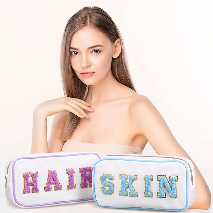 Cunno 4 Pcs Preppy Makeup Bags Chenille Letter Stuff Bag Nylon Cosmetic Pouch Cases with Zipper for Women Travel Toiletry