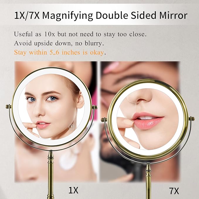 Nicesail Makeup Mirror with Light, Magnifying Mirror with 3 Color Lighting Adjustable Brightness, 360 Rotation Double Sided for Table, Antique Bronze (8 Inch, 7X Magnification)