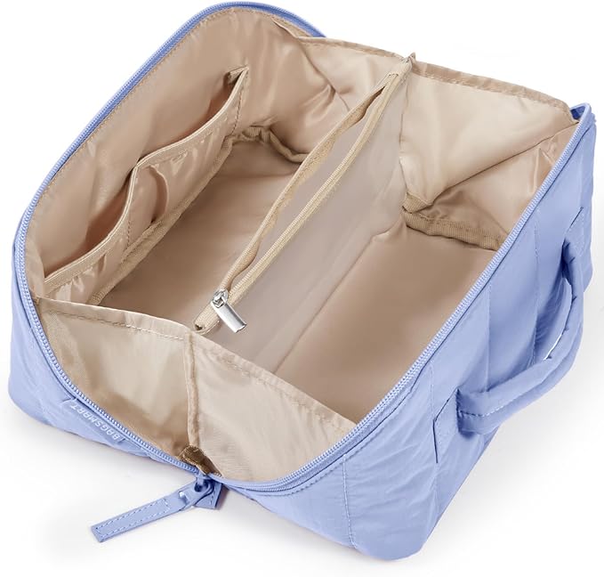 BAGSMART Travel Makeup Bag for Women, Portable Water-resistant Cosmetic Case, Puffy Padded Make Up Organizer Pouch, Open Flat Toiletry Bag for Toiletries, Brushes, Purple