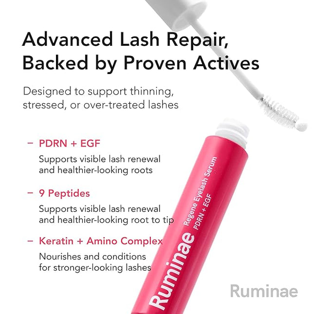 Advanced Lash Repair Serum for Damaged or Extension-Weakened Lashes | PDRN & EGF Recovery Formula with Peptides & Amino Acids | Gentle Korean Lash & Brow Serum, Prostaglandin-Free (0.3 fl oz)