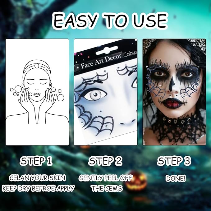 4 Pcs Halloween Face Gems Jewels, Day of the Dead Rhinestone Face Jewels Terrible Spider and Scar,Glitter Face Stickers for Women Halloween Rave Party Cosplay